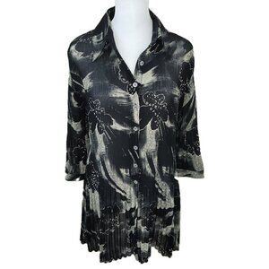 Lindi Black & White Abstract Accordion Pleat Tunic Semi Sheer Top Women's Size S
